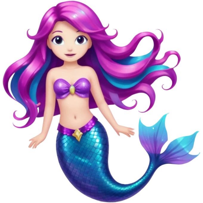 mermaid with long hair and a shiny pink, purple, and turquoise tail, glitter effect emoji