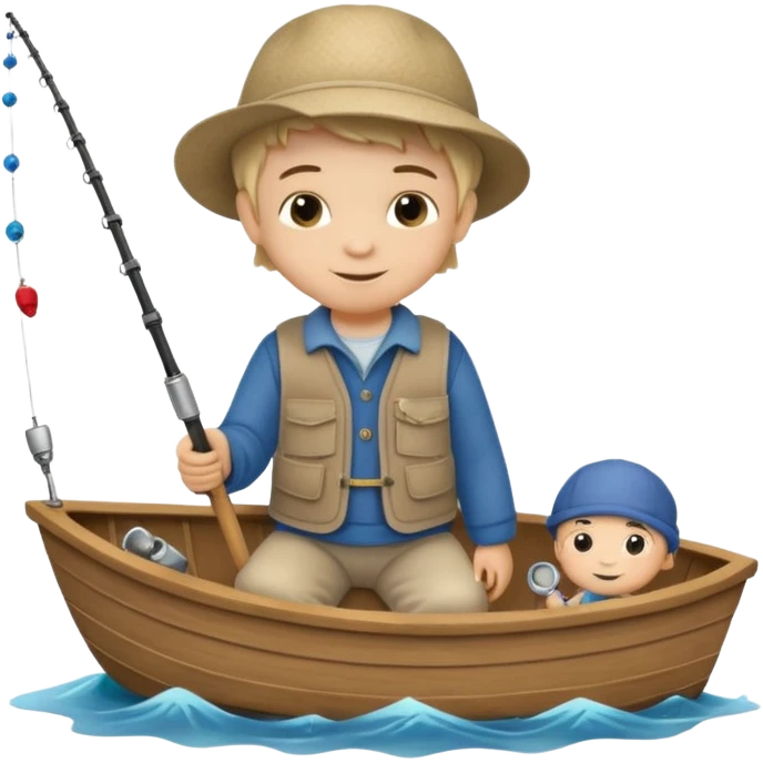 Little boy on a little boat fishing, felt texture, scrapbooking, precious moments style character emoji