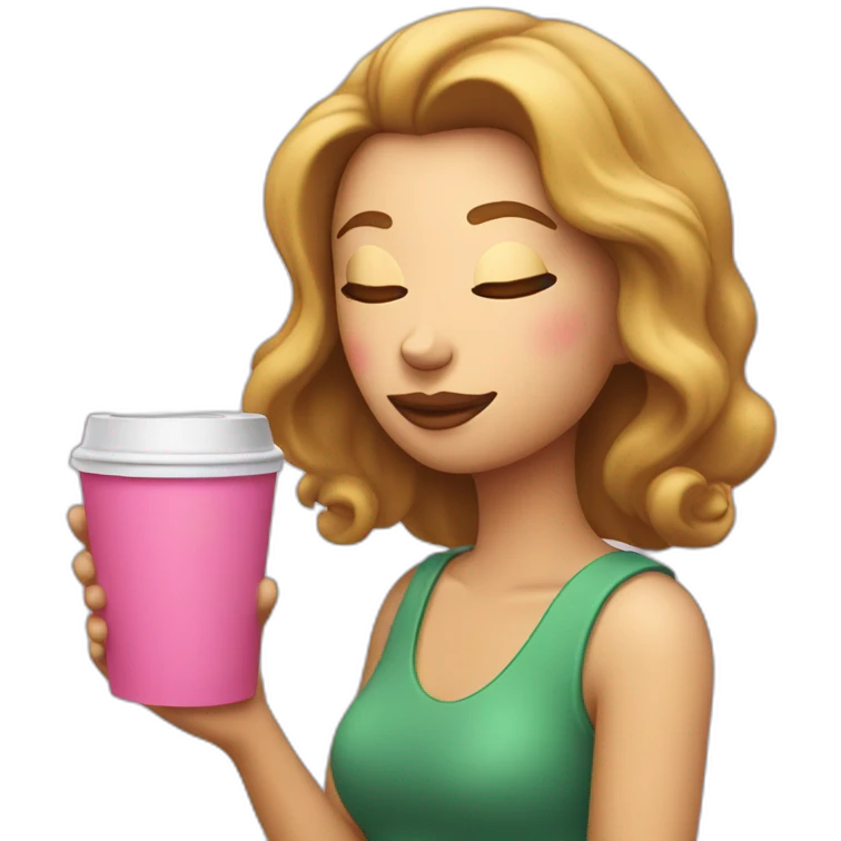 woman sipping cofee from a pink takeaway cup eyes closed emoji