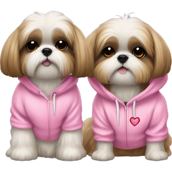 one very cute shih tzu girl and one girl maltaise dog wearing a pink hoodie with hearts emoji