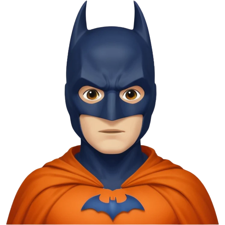 generate a batman emoji with just the face and neck showing and part of the cloak and and wings. Shade the mask in dark navy blue.  Shade the cloak in a solid vibrant orange. Shade the bat logo in a bright  olive green. emoji