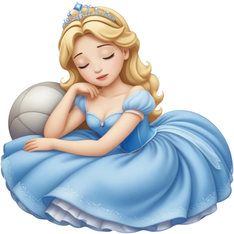 Cinematic Realistic Sleeping Cinderella Portrait, portrayed with exceptional realism: her luminous porcelain skin and exquisitely detailed golden-blonde hair lie softly under the gentle caress of natural light. Her eyes are peacefully closed in a serene, dreamlike slumber, and every fold and shimmer of her iconic ball gown is rendered with painstaking detail. The overall composition radiates a quiet, enchanting glow that encapsulates the timeless, restful beauty of a princess lost in a gentle, magical dream. emoji