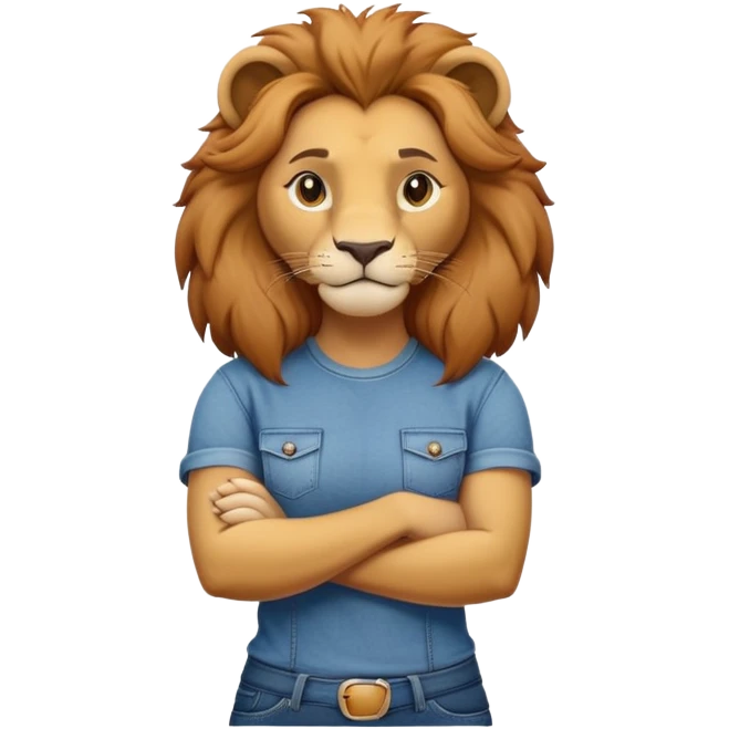 female anthropomorphised lion character standing confidently with arms folded wearing jeans and a t-shirt emoji
