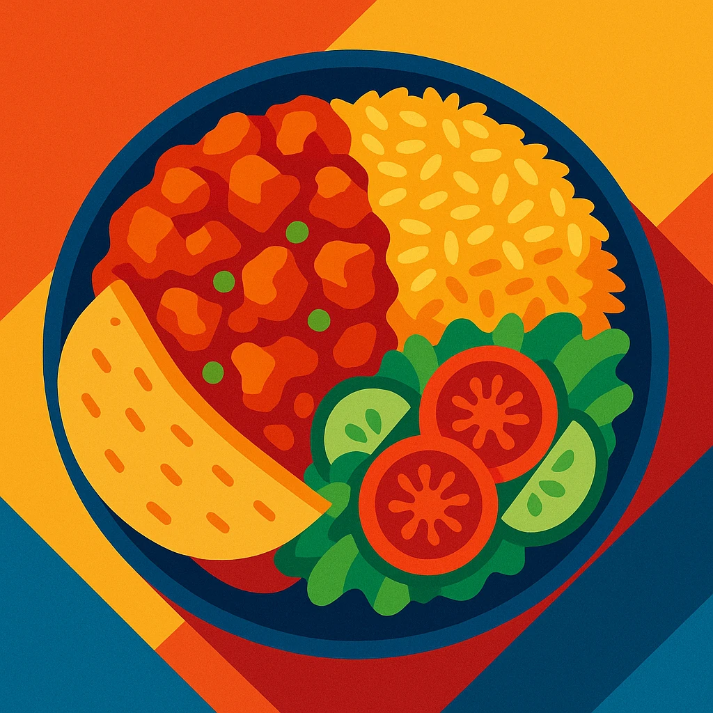 a colorful plate of ethnic food, vibrant and appetizing, modern illustration style emoji