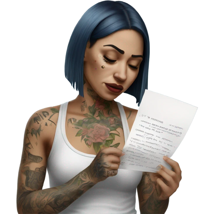 Hyper Realistic Beautiful tattooed woman crying holding a letter  emoji