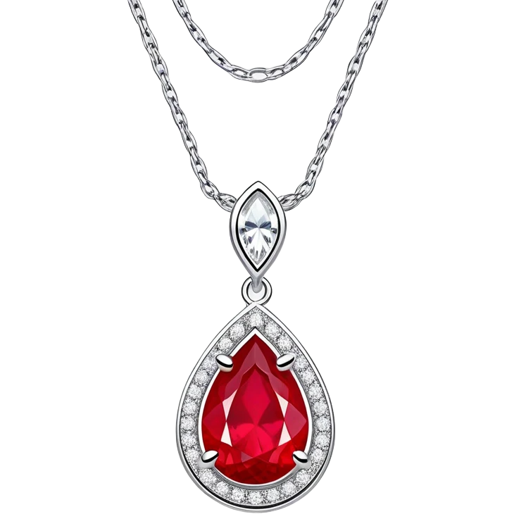 teardrop ruby pendant with a silver chain and shimmering white stones, glowing fiery red emoji