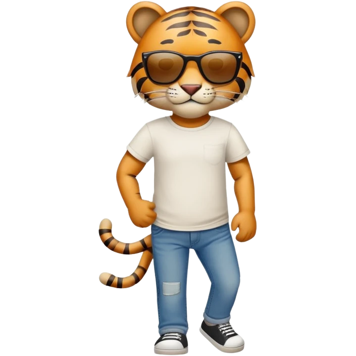 anthropomorphised tiger in a band t-shirt and jeans with sunglasses walking upright, relaxed pose emoji
