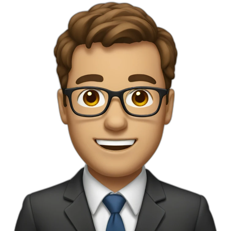 Teacher with brown hair wearing glasses and tie and big teeth emoji