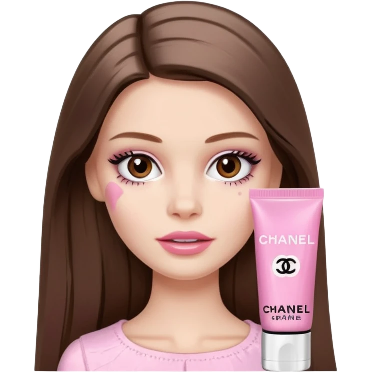 Barbie girl a brown long Straight hair and brown eyes is In pale pink smears by hand cosmetic cream Chanel on her face emoji