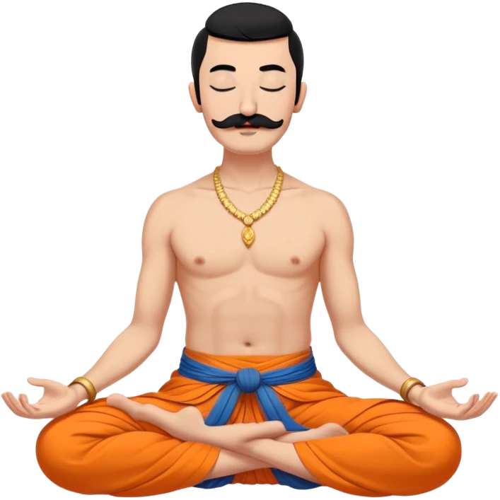 сossack with bold head, very long 15 inch black mustache, lock of black hair sprouting from the top of the shaven head, meditating bare torso with closed eyes in lotus pose in long orange indian dhoti covering the legs emoji