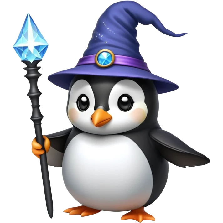 A penguin wearing a wizard hat and holding a magic wand emoji