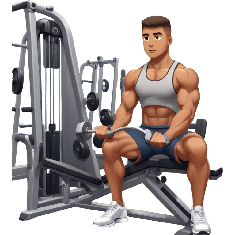 A focused athlete working out on a strength training machine in a modern gym. Muscles engaged, expression determined, demonstrating power and endurance. The gym is filled with equipment like dumbbells, barbells, and mirrors reflecting effort, creating a high-energy atmosphere. emoji