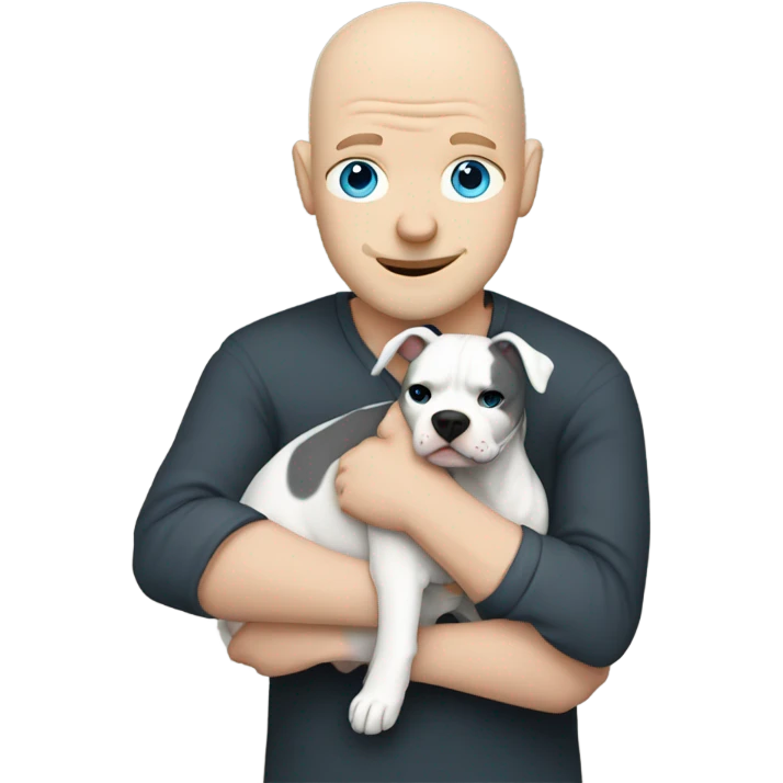 white bald man with blue eyes hugging dark grey pittie  emoji