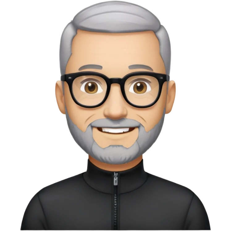 Man with light skin, buzz cut black hair, short peppered gray beard, large black-framed glasses, smiling face, black long sleeve athletic shirt with zippered high neck emoji