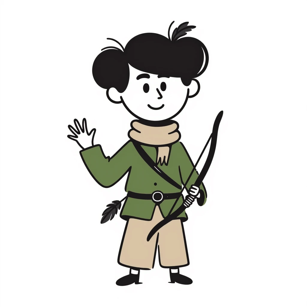 detailed hand drawn doodle of Robin Hood with classic medieval outfit and bow emoji