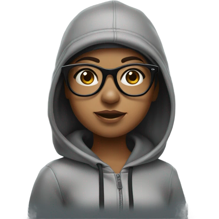 a girl with big eyes and black glasses with a Oakley hat in a grey hoodie  emoji