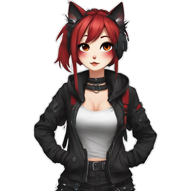 Gorgeous gothic dark techwear anime style anthro cat with blushing face aesthetic and pretty edgy black red punk messy ponytail hair with collar and harness trending style emoji