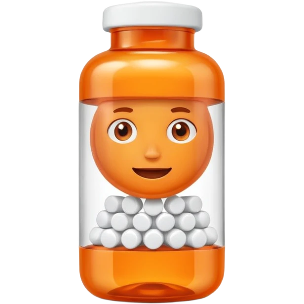 A 3D cartoon medicine bottle with orange transparent body and white cap, filled with pills, soft studio lighting, realistic Memoji-style. emoji