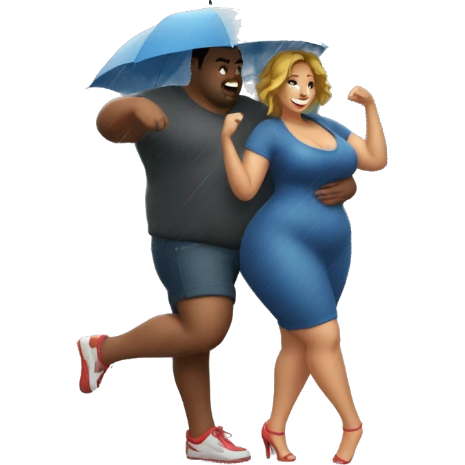 Curvy girl with chubby husband dancing in rain  emoji