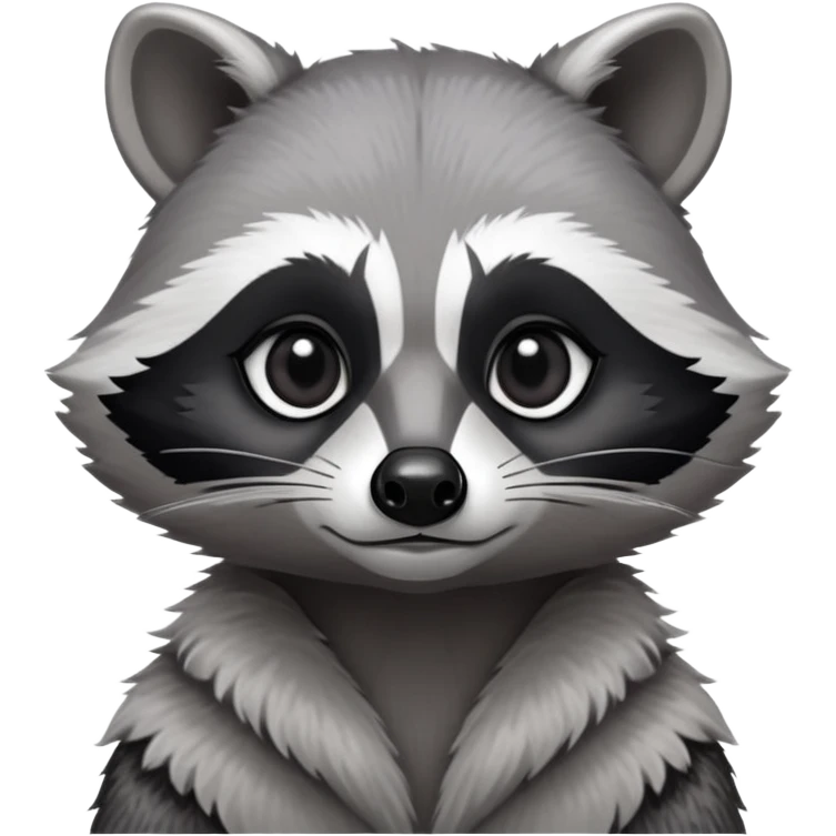 Cinematic-Noble-Raccoon-Portrait-Emoji – Poised and confident, with a sturdy build and a beautifully textured fur of silver-grey accented by dark black facial markings, deep-set, large big black eyes revealing no white, simplified yet sharp and sophisticated zoom out to show shoulders emoji