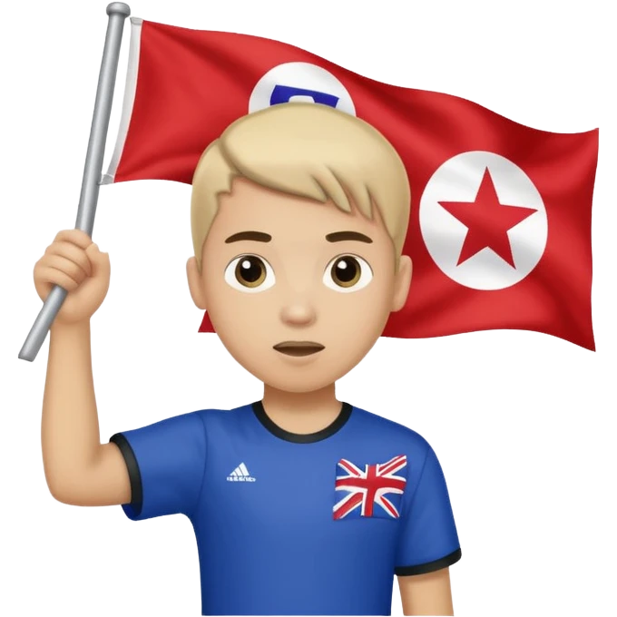 A pony tail hair boy holding a big team flag, waving it proudly with a determined expression. emoji