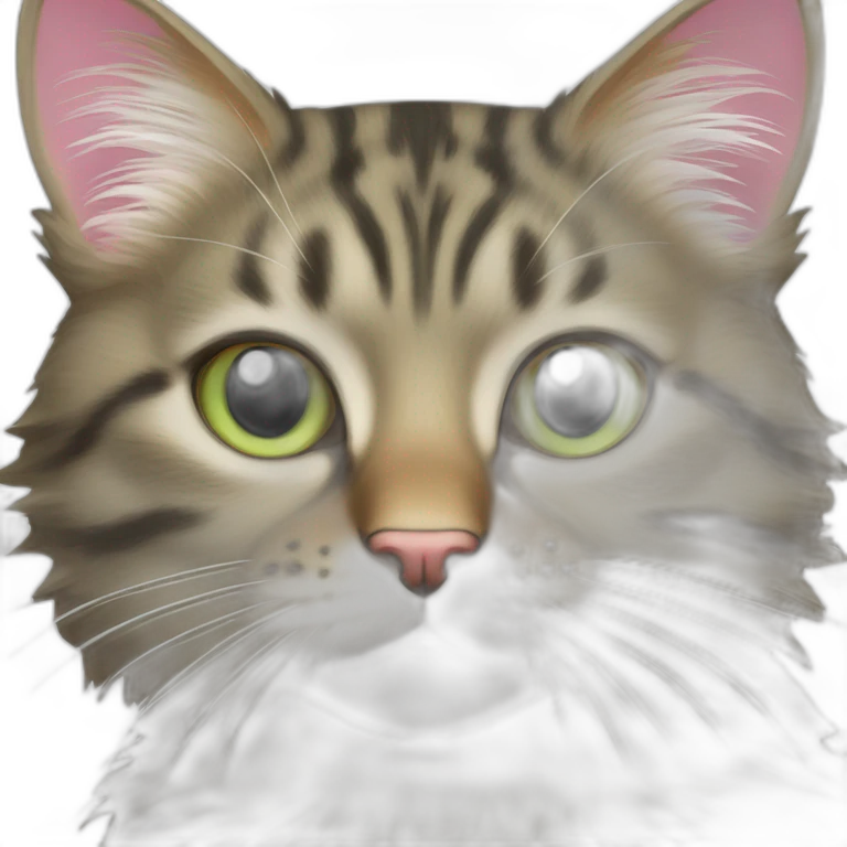 cat Tabby (Mainly black and brown) fluffy cat pink-nose light-green-eyes,-white-long-whiskers,-white-spots-near-the-nose,Sharp with distinct lines,Whiskers Very long emoji