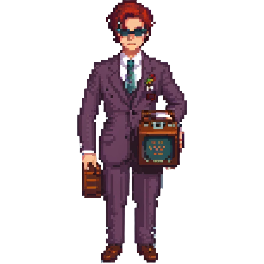 Alastor from Hazbin Hotel in pixel art style, focusing on vintage radio aesthetic and sharp suit, no text emoji