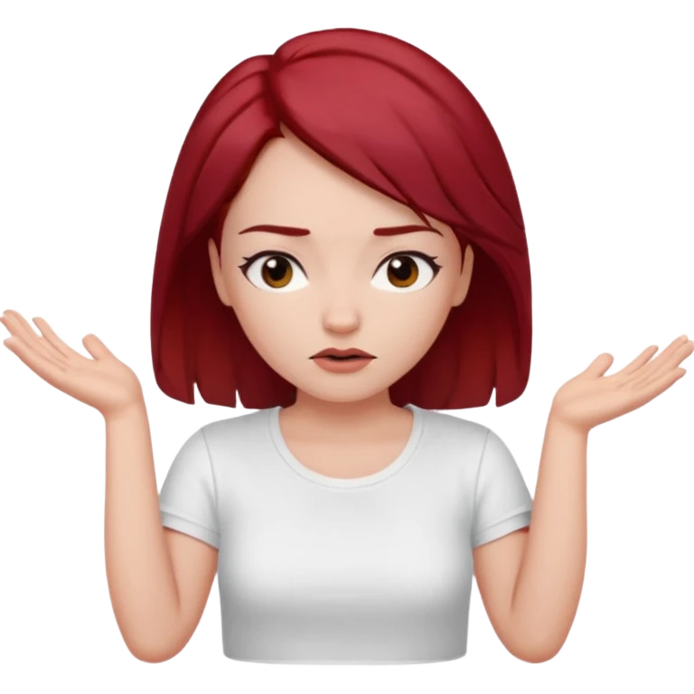 younger woman shrugging, eyes closed, white t-shirt, dark red hair, black eyebrows emoji