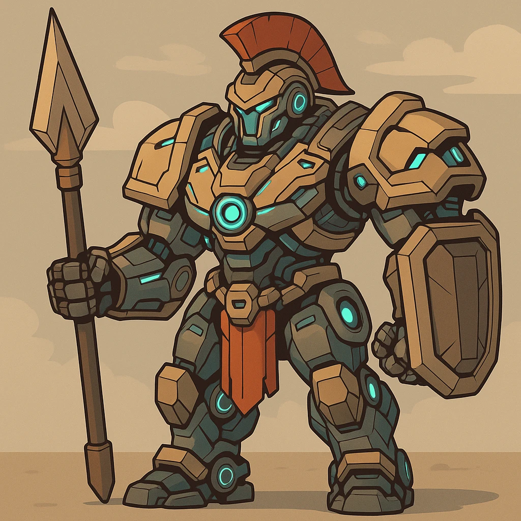 Large epic Cyberpunk mecha spartan inspired by an overwatch character wearing Greek armor emoji