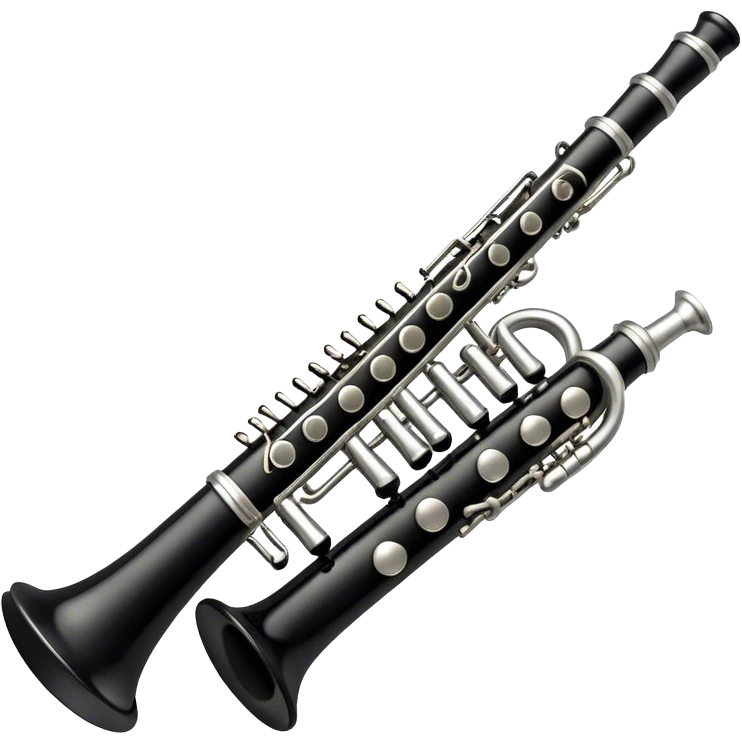 Create an elegant and detailed emoji representing a clarinet. The design should feature the sleek, black wood finish of the clarinet with its shiny metal keys clearly visible. Highlight the intricate details, such as the bell at the end and the carefully crafted mouthpiece with the reed. Use black wood tones for the body of the instrument and silver or brass accents for the keys. Add subtle musical notes or soundwaves floating around the instrument to evoke the smooth, melodic sound of the clarinet. The background should be transparent. emoji