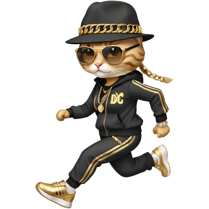 female cat running wearing Run DMC hip-hop outfit, tracksuit, fedora, Adidas shoes, dark sunglasses, lots of gold chains, bling accessories emoji