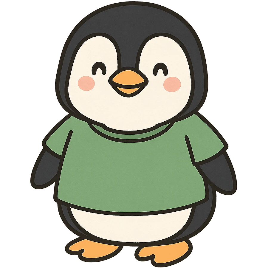 smiling penguin wearing a green t-shirt, simple and cute emoji