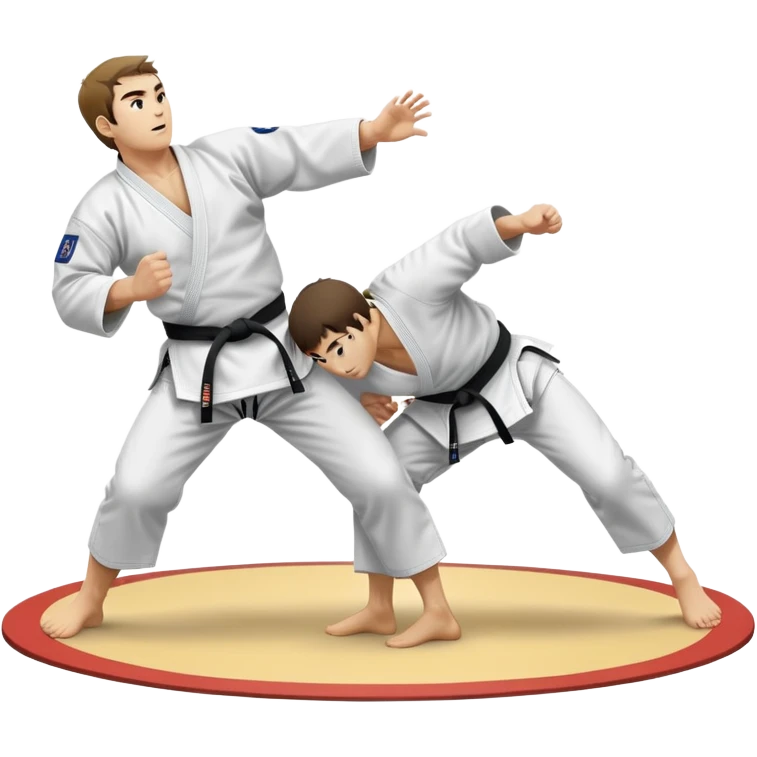 Two judo practitioners in traditional gi, one executing a powerful throw while the other is countering with a defensive move. The background features a judo mat and a focused dojo atmosphere. Transparent background highlights the precision and technique of judo. emoji