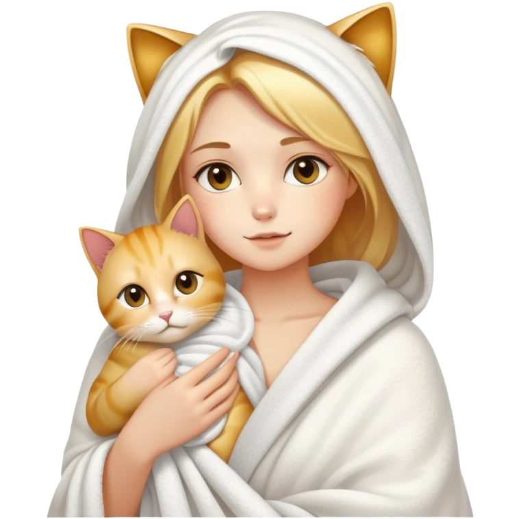 Fair skin - beautiful girl - just finished taking a shower - wrapped in a white blanket holding a golden gradient cat emoji