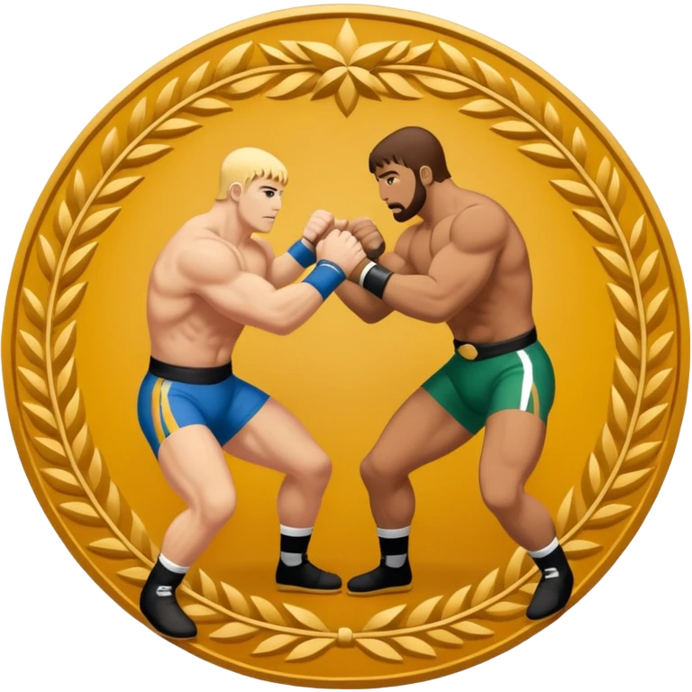 An icon symbolizing wrestling combat sports in the style of an emblem. The design features two wrestlers locked in a powerful grapple, one attempting to take the other down. Surrounding the scene are stylized elements like a championship belt, wrestling mat, and a laurel wreath. emoji