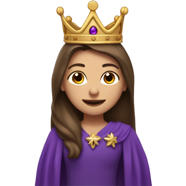 Caucasian long brunette with woman wearing formal royal purple robes and a crown whose face shows hearts to the man she adores  emoji