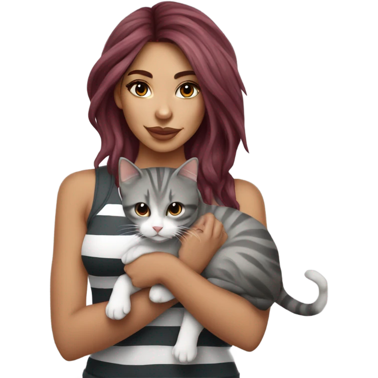 Beautiful burgundy haired tattooed woman holding gray and white striped long hair cat emoji