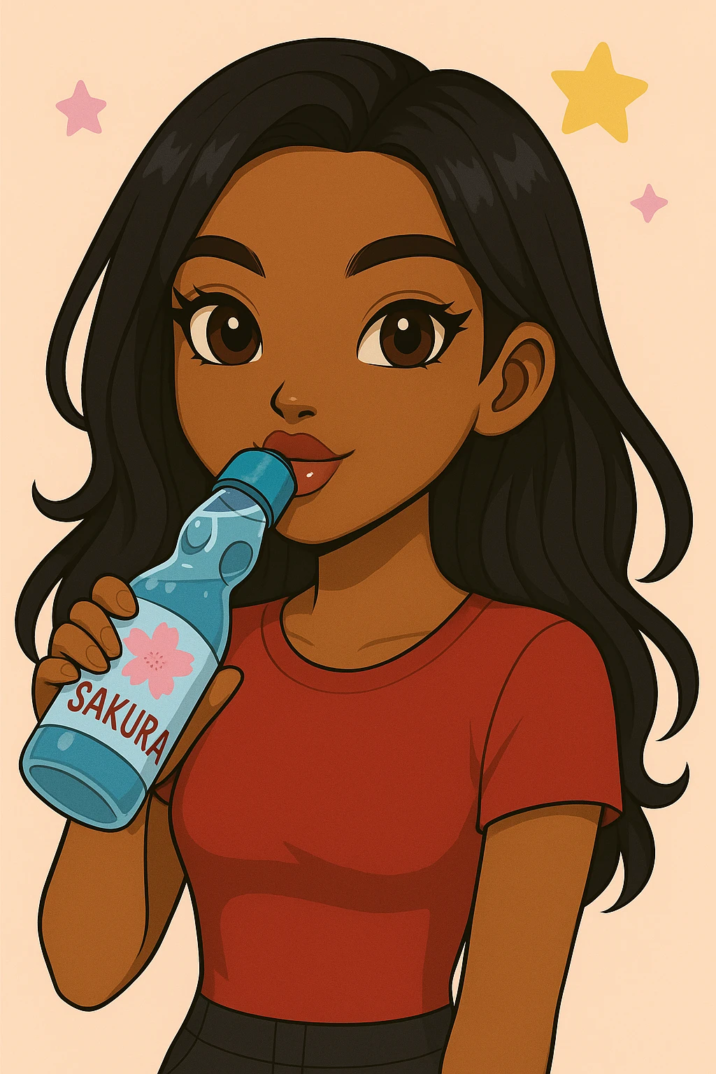 Headshot of a 20-year-old anime Bratz style woman with dark skin, straight hair, trendy outfit, glossy lips, no hat, no tears, happy expression, both eyes open, looking straight ahead, drinking blue Ramune soda labeled 'Sakura'. Change her eyes to brown and her shirt to red. emoji