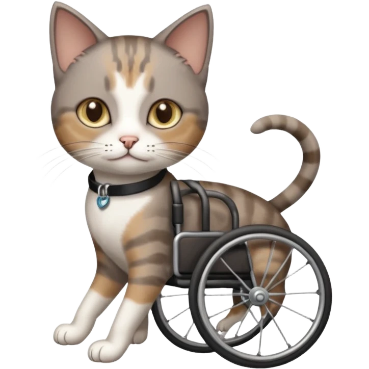 full body small short hair dark brown and white cat with hazel eyes walking in a wheelchair for cats emoji