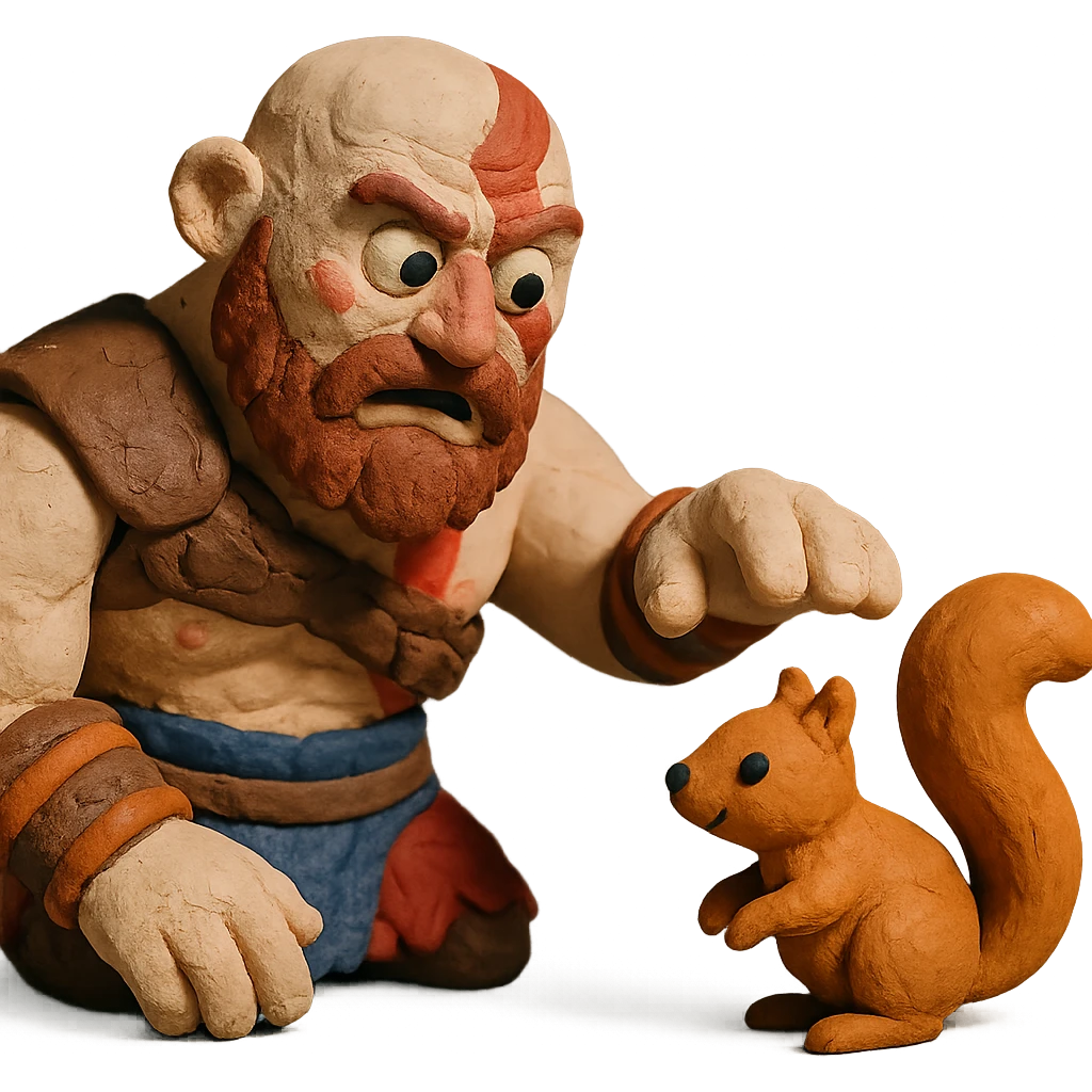 Kratos in a silly situation, trying to pet a tiny squirrel emoji