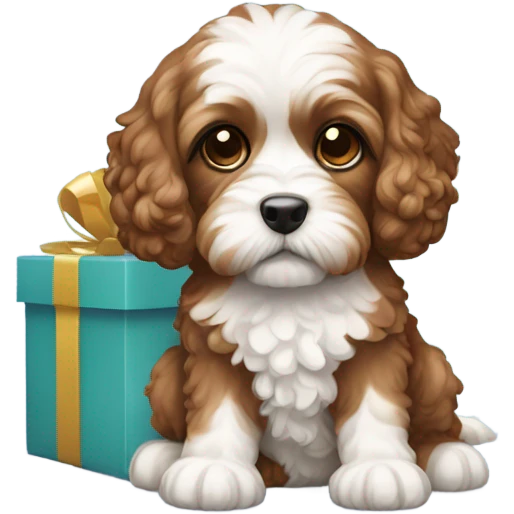 Brown and white cavapoo and gift box emoji