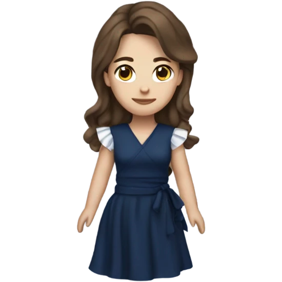 White girl with brown hair dark blue ruffle sleeve wrap dress full body emoji