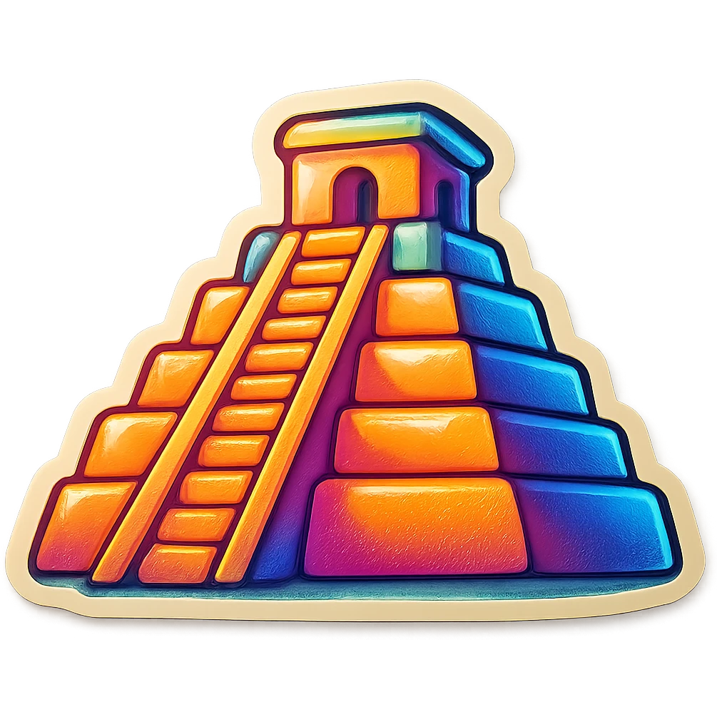 Mayan temple, bold outlines, playful colors, vintage vibe, retro sticker style emoji