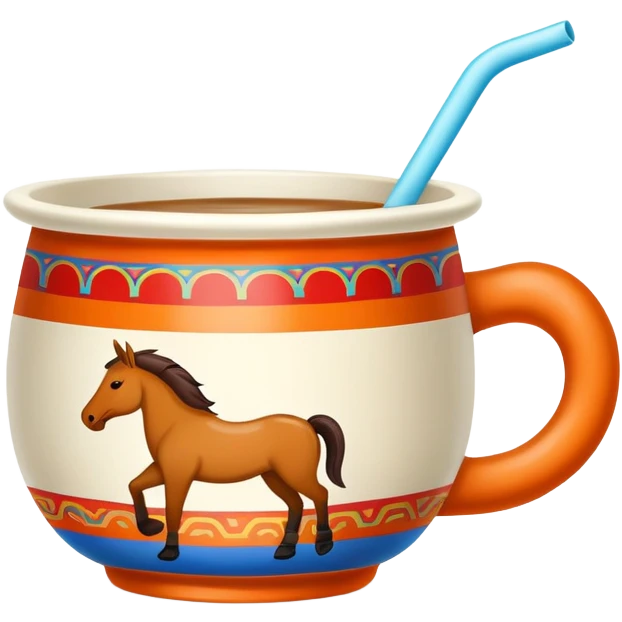 Mongolian milk tea bowl with horse-shaped handle, simplified emoji style with bold outlines and bright colors, cartoon style traditional nomadic drink emoji