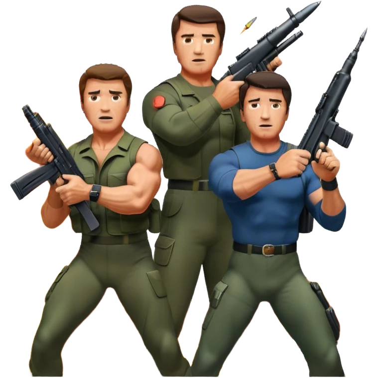 Icon for Action Movies: Close-up collage featuring Schwarzenegger in 'Commando' and  Stallone in 'Rambo', in bold poses. Background includes explosions, rockets flying, and machine guns. The style is reminiscent of a cinematic movie poster with intense, dramatic colors. Transparent background. emoji