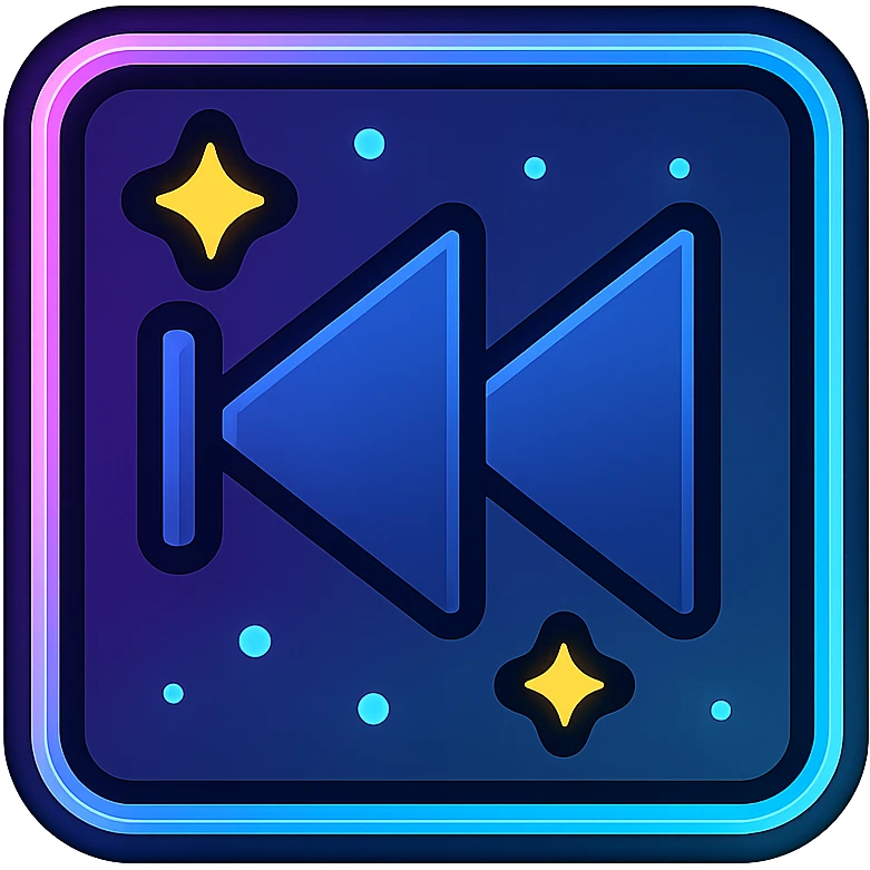 animated previous song icon with dark purple, blue, and black base, bright accents, complex gradients, stars, bright neon border, modern clean previous song symbol, subtle glowing and moving stars neon effects, sophisticated futuristic style emoji