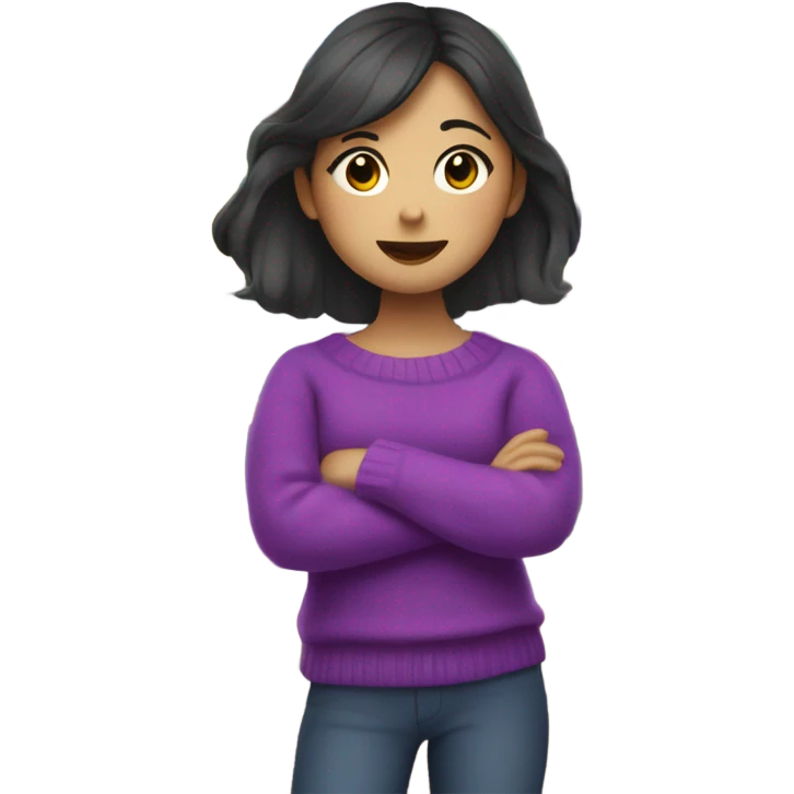 Half Asian girl with a bright purple sweater working at an art store and holding too many art supplies emoji