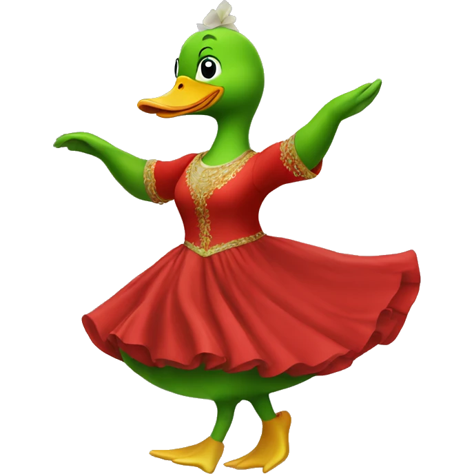 Dancing green duck wearing red dress emoji