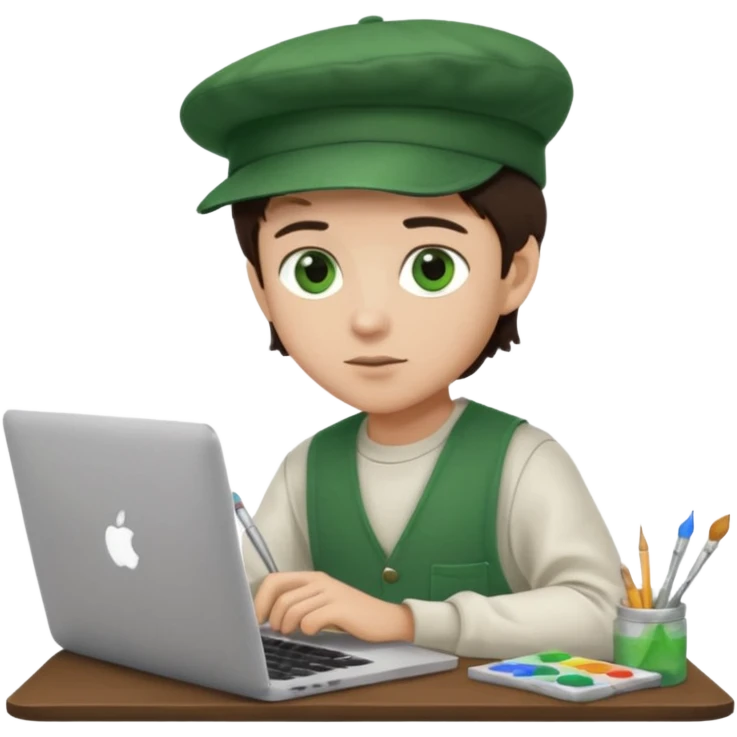 boy working in Macbook, him hat same like painter artist, eyes green color, color hair dark brown emoji
