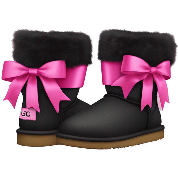 Pair of black and hot pink Ugg fur boots laced up with pink silk ribbon bows. emoji